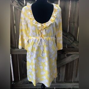 Mud Pie Bag Lady Yellow & White Cotton Beach Cover Up Drawstring Waist Size L